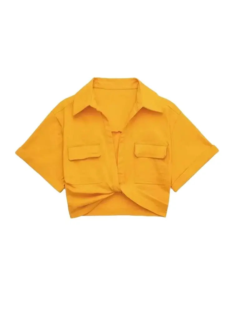 Women Fashion Front Knot Elastic Linen Cropped Shirts Vintage Short Sleeve Patch Pockets Female Blouses Blusa Chic Tops