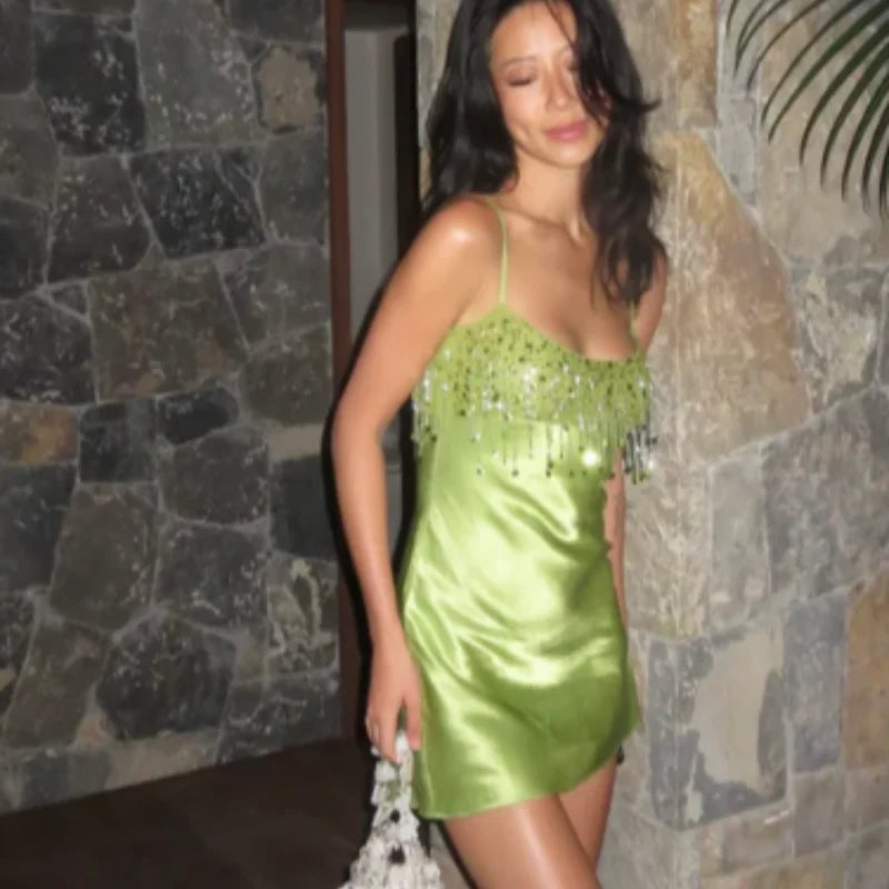 Chic High End Sequin Tassel Satin Dress Women's Elegant Straps Low Neck Mini Vistidos 2026 Stylish Back Zipper Beach Party Gown