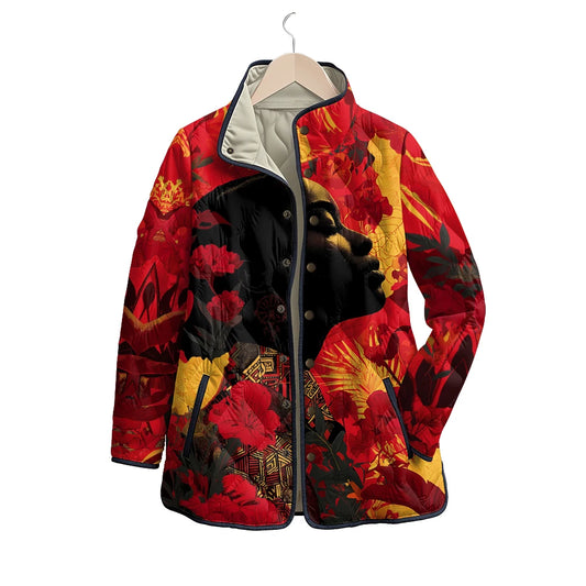 Women's African Art Jackets with Female Profile Florals Pattern Coats Multi-Color Silhouette Patterns Artistic Winter Outerwear