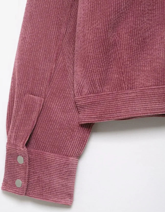 Women Pu Leather Collar Pink Cropped Jacket Corduroy Fashion Long Sleeve Zipper Coat 2026 New Lady Spring Chic Street Outwear