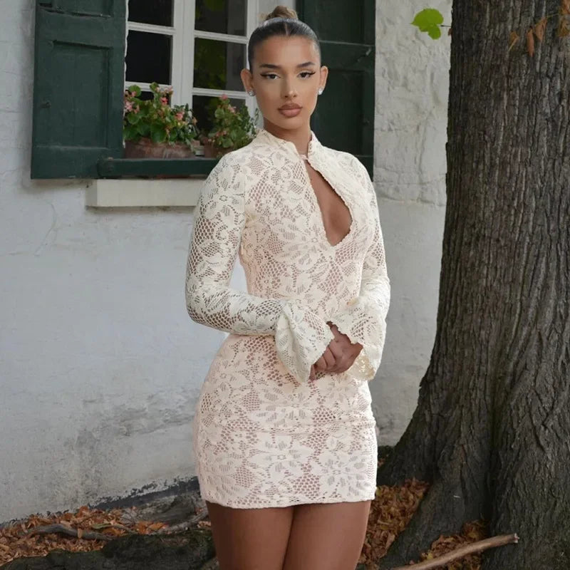 Suninheart Hollow Out Long Sleeve Cocktail Dress Women Lace Stand Collar