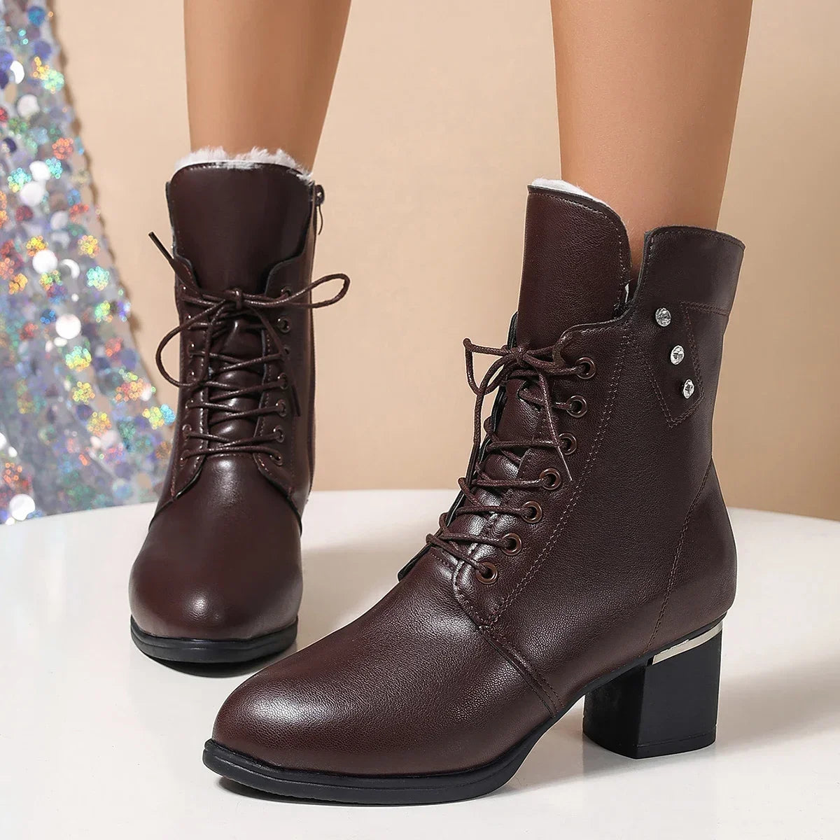 Winter 2024 Women's High Heels Long Plush Warm Ankle Boots Plus Size 42 Thick Square Heeled Motorcycle Boots Woman Shoes Short