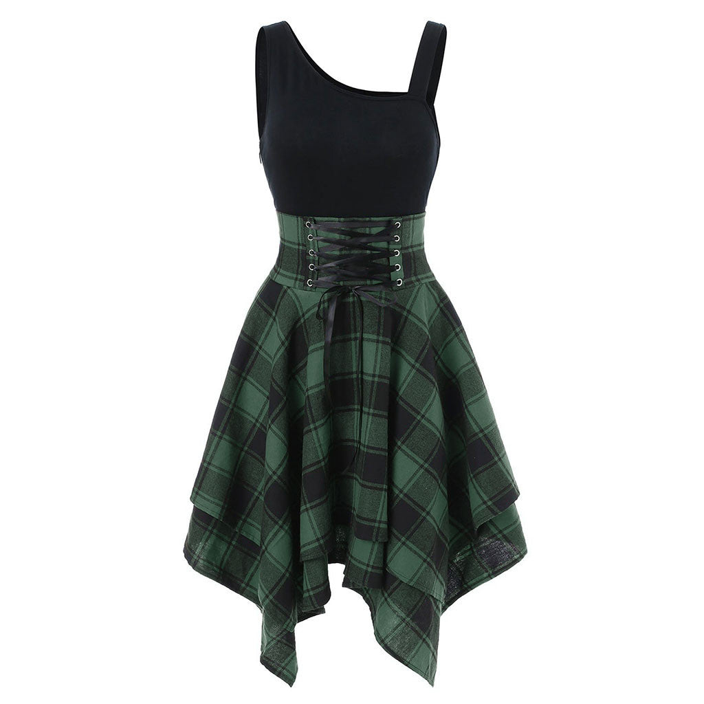 Elegant Classy Dresses For Women 2024 Sleeveless Cold Shoulder Cross Lace Up Plaid Print Irregular A-Line Dresses