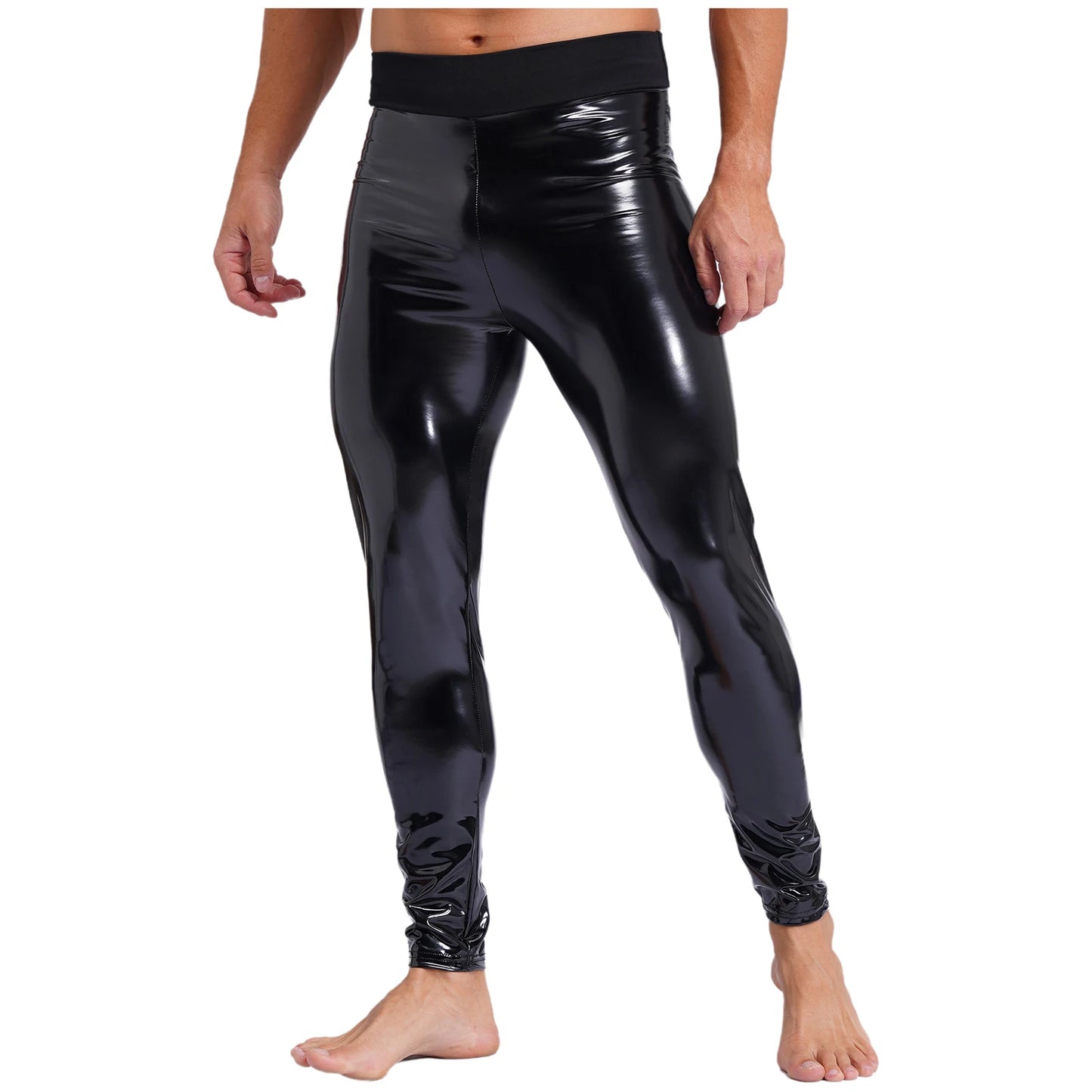 Mens Stretchy Leggings Skinny Trousers Fashion Patent Leather Latex Long Pants High Waist Rave Party Clothings Wet Look Clubwear