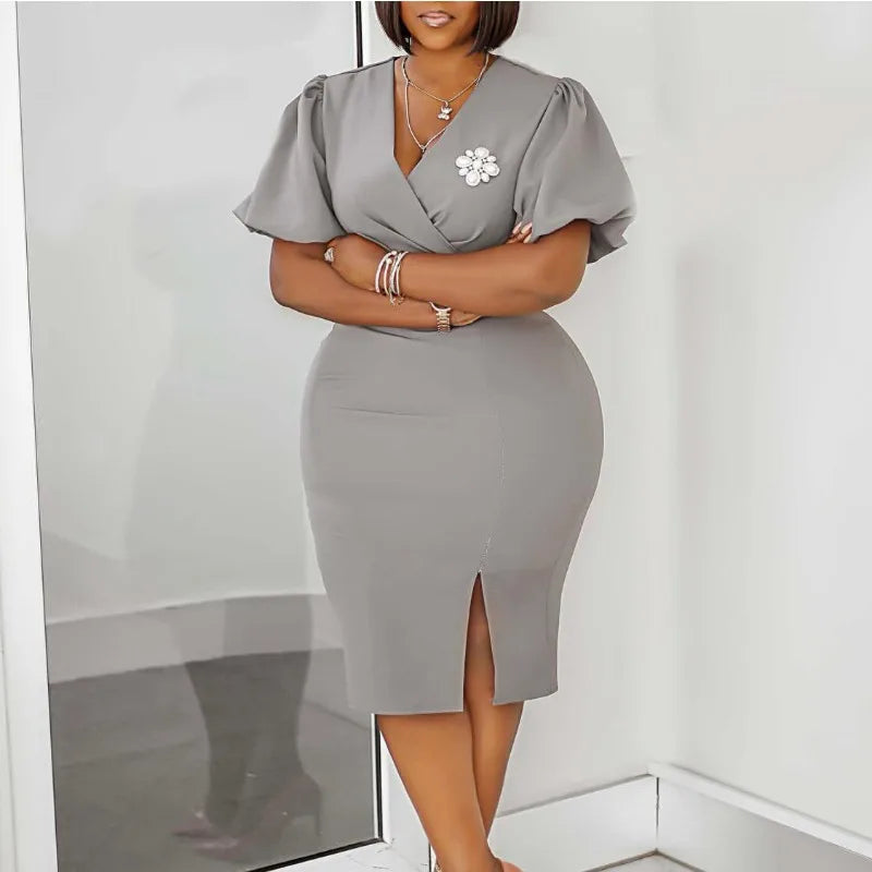 African Dress for Women with Brooch Sexy Elegant Puff Short Sleeve V Neck Corset Bodycon Office Lady Wedding Guest Work Dress