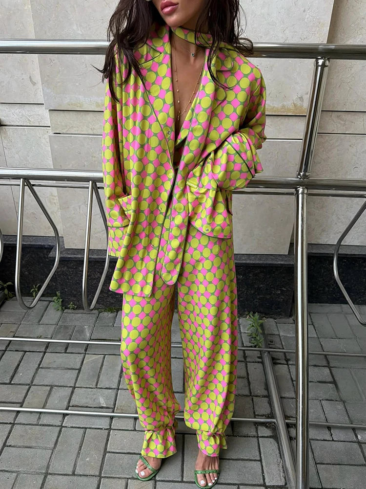 Casual Plaid Women's Blazer Pant Suits Scarf Collar Long Sleeve Button Shirt Pleated Wide Leg Trousers 2026 Summer Female Set