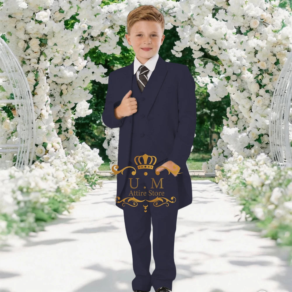 Custom Boys' 3-Piece Tuxedo Set Long Jacket Black Vest Pants Slim Fit Suit for Wedding Birthday Party Children Performances