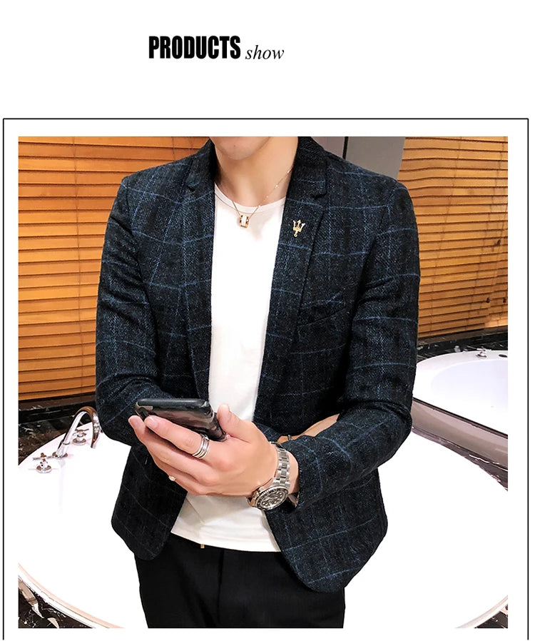 Spring and Autumn New Boutique Japanese Style Print Stand Collar Mens Casual Jacket Slim Male Coat Male Plaid Suit Jacket Blazer
