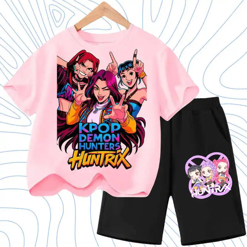 Kids Fashion Outfits Teen Children's O Neck Short Sleeve Tops Shorts 2pcs Summer Girls Casual T Shirt Sets K POP Cartoon Printed