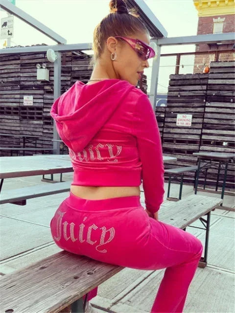 Two Piece Set Diamonds Hoodie Crop Jacket And Joggers Pants Outfits Streetwear Jogging Suits Juicy Corture Tracks