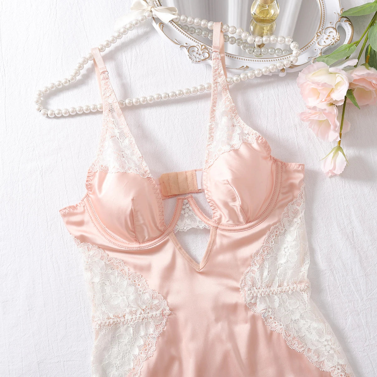 Sexy Deep-V Neck Satin Dress Sexy Lingerie Lace Patchwork Split Sissy Night Dress Women Slip Dress Nightwear Sensual Nightgown