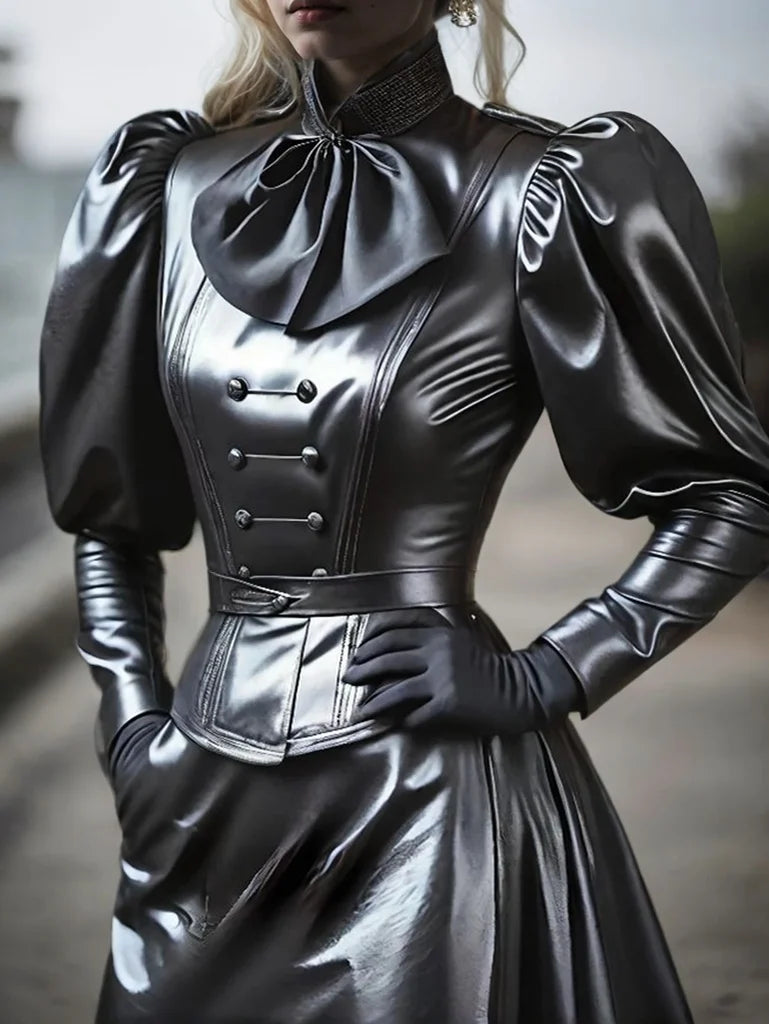 Faux Leather PU Top for Women Stand Collar Lantern Sleeve Sweet High Street American Retro Blouse Vintage Cinched Bow T shirts