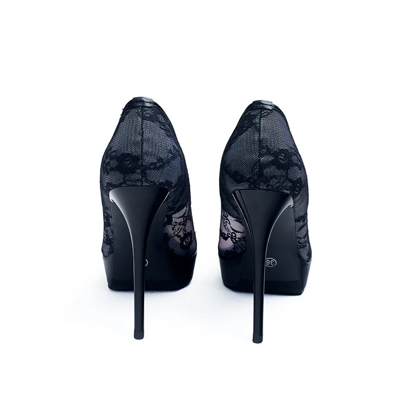 Fashion Roman Pumps 12Cm Black Platform High Heels Mesh Breathable Sexy Shallow Mouth Pointed Single Shoes Small Size 32 33