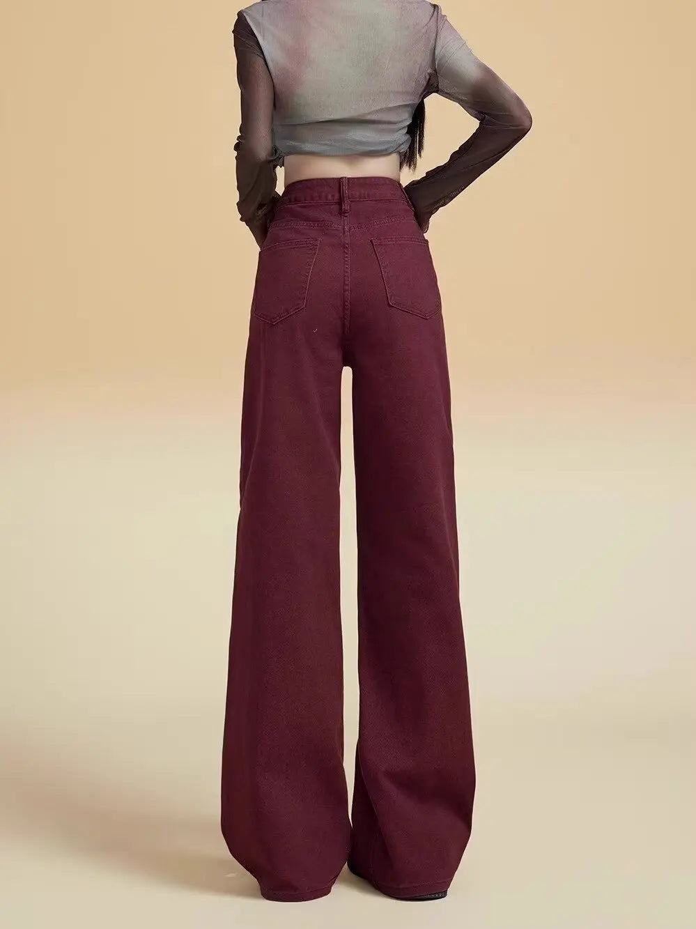Women's Street Style Wide Leg Red Jeans American Vintage Casual Denim Trousers Female High Waist Loose Straight Pants
