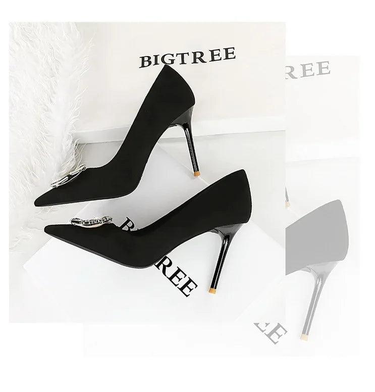 BIGTREE Shoes Metal Rhinestone Belt Buckle Women Pumps Suede High Heels Luxury Banquet Shoes Sexy Party Shoes Women Stilettos