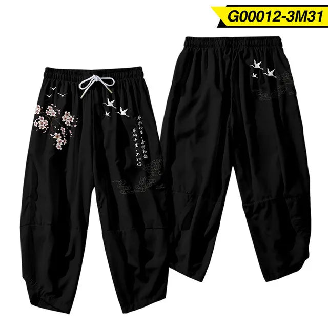 Men Yukata Style Harajuku Cardigan Traditional Japanese Great Wave of Kanagawa Crane Printed Trousers Asian Costume Kimono Pants