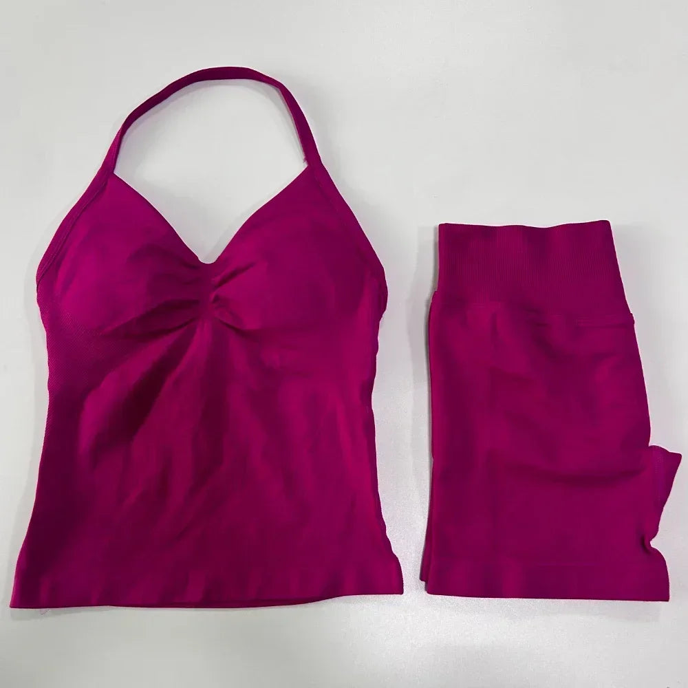 2 Pieces Sports Set Women Backless Tank Tops High Waist Scrunch Seamless Shorts Sport Suit Gym Set Sportswear Workout Set