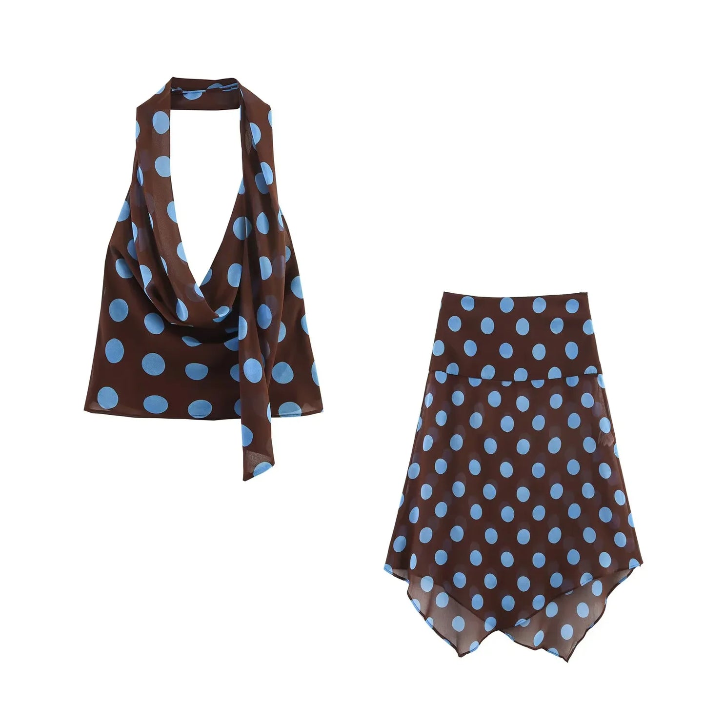 Polka Dot Printed Midi Skirts Two Piece Sets for Women 2026 Summer Chic Scarf Halter Top Suits Beach Woman 2 Piece Outfits