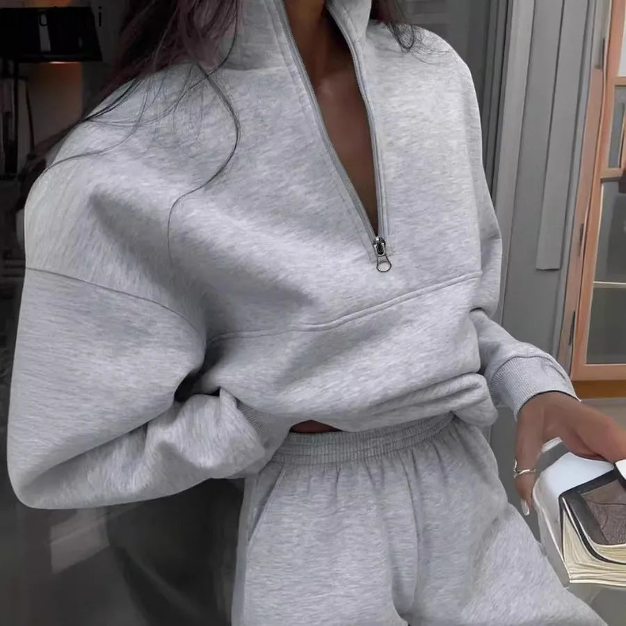 2026 Casual Pants Sets for Women Loose Long Sleeve Zipper Pullover Elastic Waist Trousers Two-piece Sets Women Tracksuit Outfits