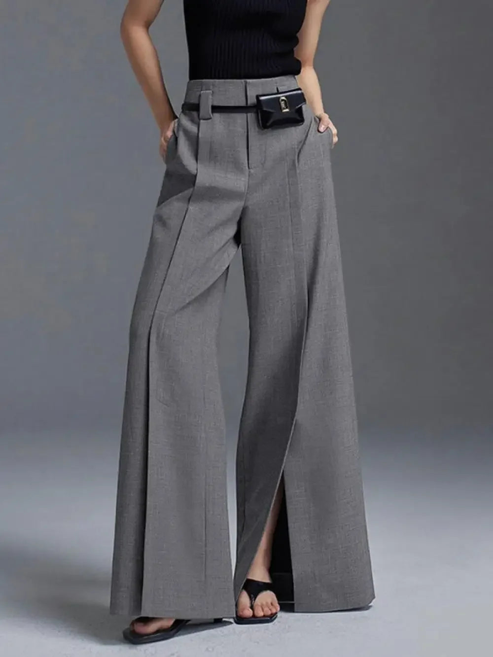 Yeezzi Women Business Suit Pants High Waist Pleated Split Front Trousers Black