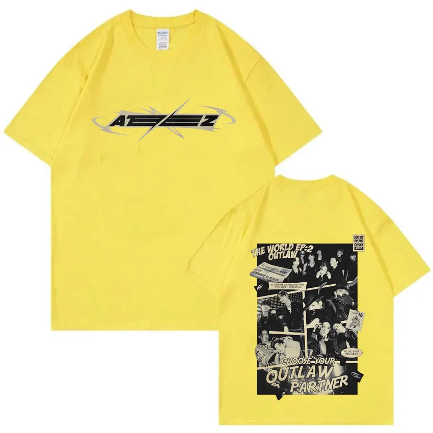 Hot Korean Kpop ATEEZ The World Ep: 2 Outlaw T-shirt 2025 World Tour Towards The Light Will To Power Tshirt Male Fashion Tees