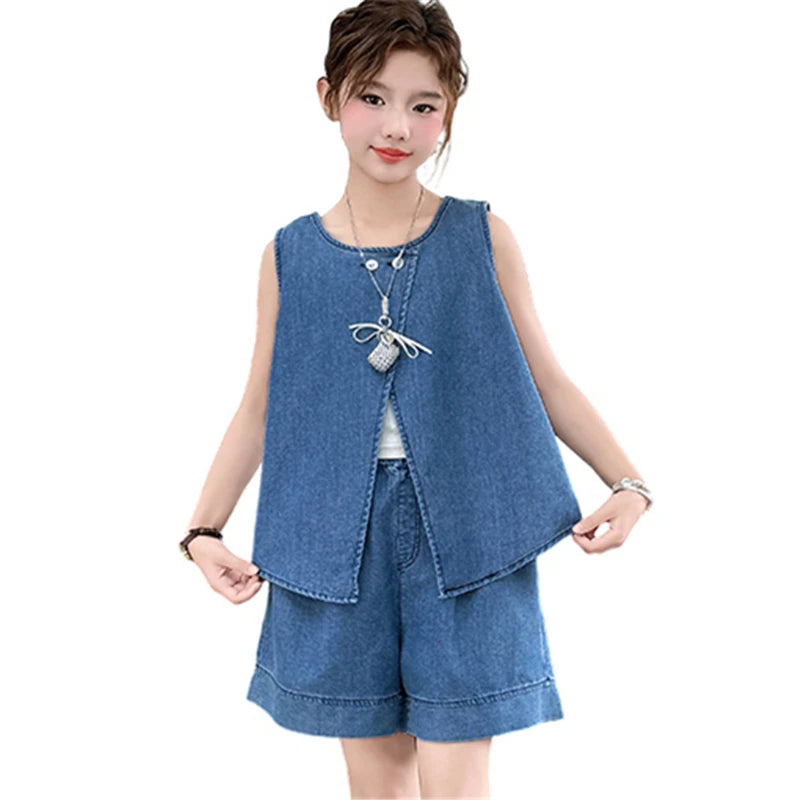 High Fashion Children Summer Denim Suit for Girls Casual Vest + Shorts 2 Piece Clothing Set Kids Trendy Street Outfit Age 5-14 Y