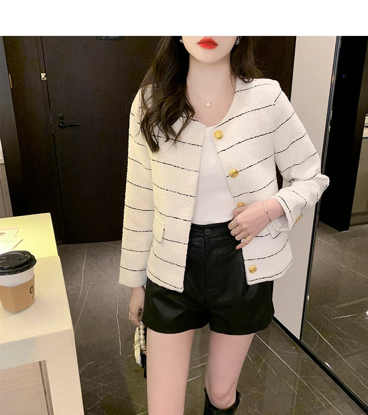 Korean Fashion Casual Small Fragrance Tweed Jacket Coat Women Fall Winter Fried Street Striped Coat Casaco Woolen Outwear Top