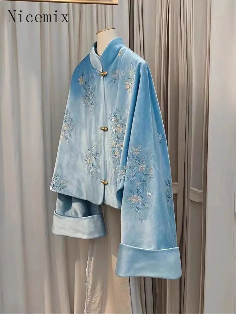 Winter Coat New Chinese Style Standing Collar Tang Suit Blue Embroidered Velvet Jacket Women Clothing Loose Short Coat Women Top