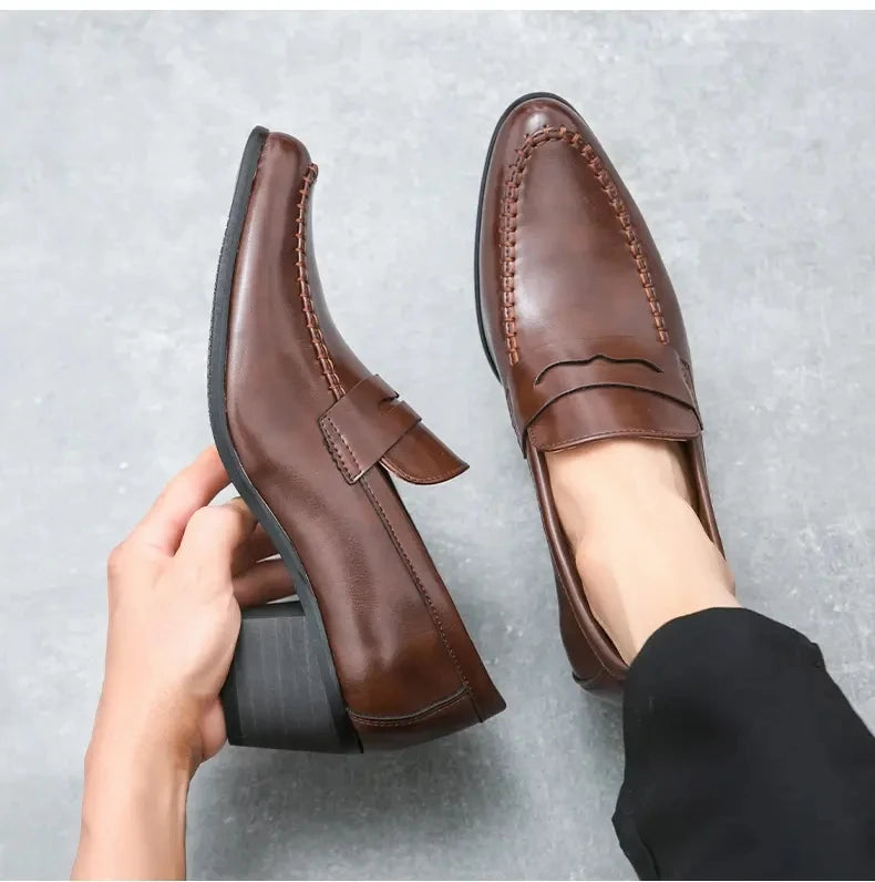 Men Retro Dress Shoes Black Brown Medium High Heels European and American Business Banquet Cuban Leather Shoes Size 38-45