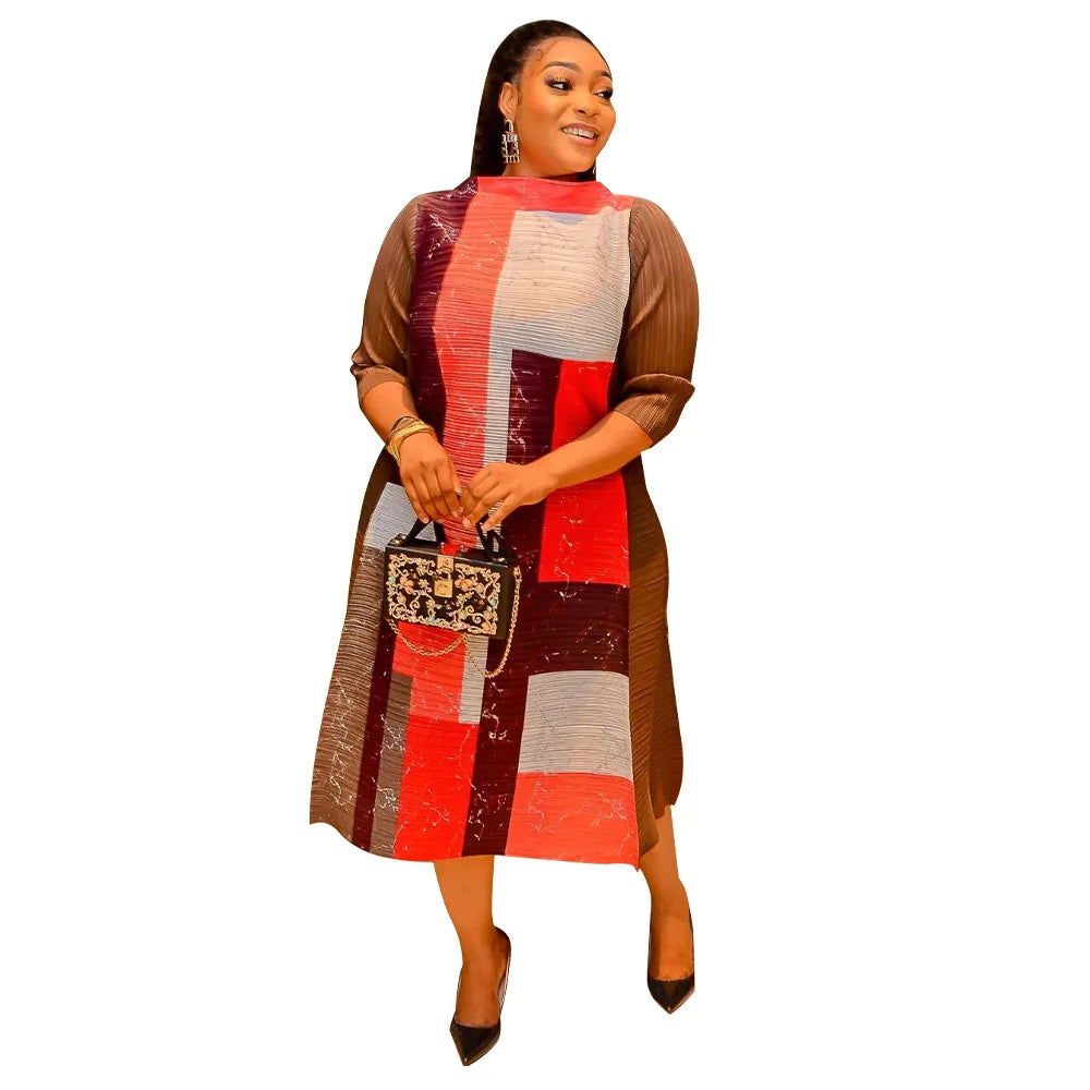 African Dresses for Women Summer Fashion Style African 3/4 Sleeve Polyester O-neck Pleated Dress Dashiki African Clothes Women