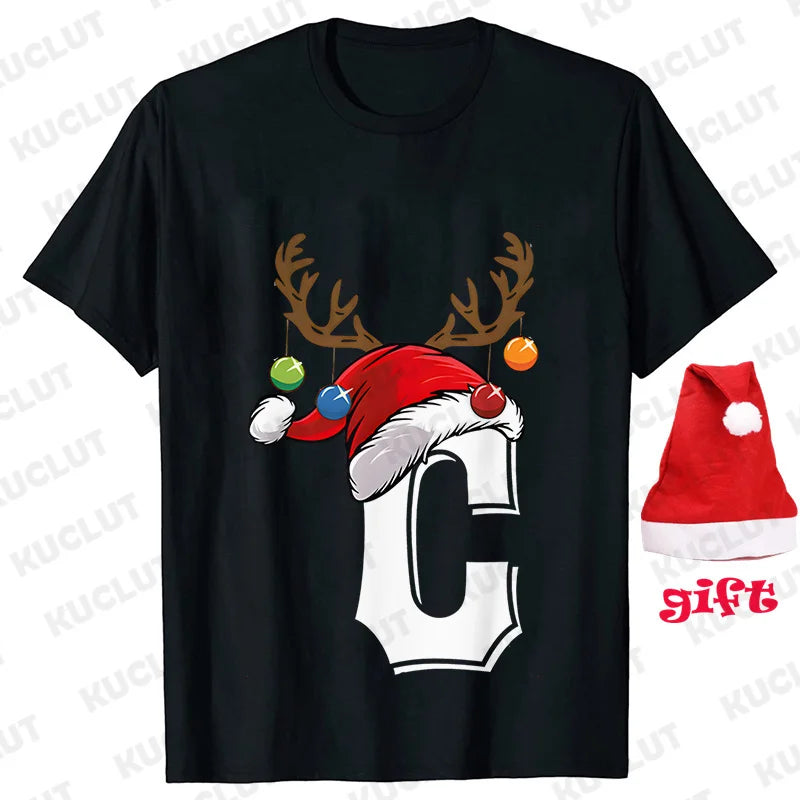 Funny Christmas Party Tshirt Fashion Women T Shirt Tops Short Sleeves T-shirt 26 A~Z Alphabet Casual Tees with Santa Hat Gift