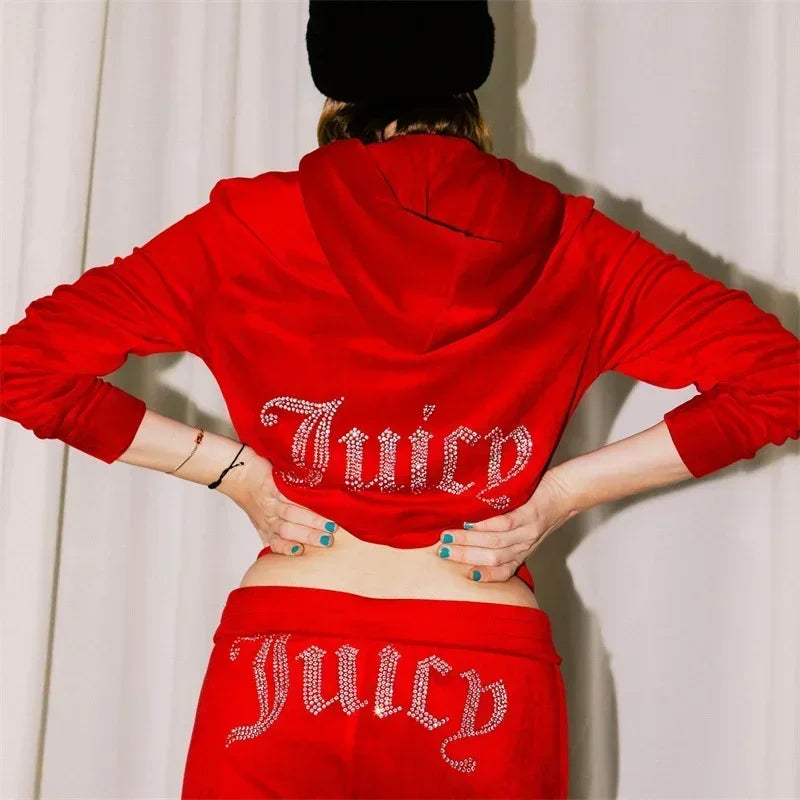 Two Piece Set Diamonds Hoodie Crop Jacket And Joggers Pants Outfits Streetwear Jogging Suits Juicy Corture Tracks