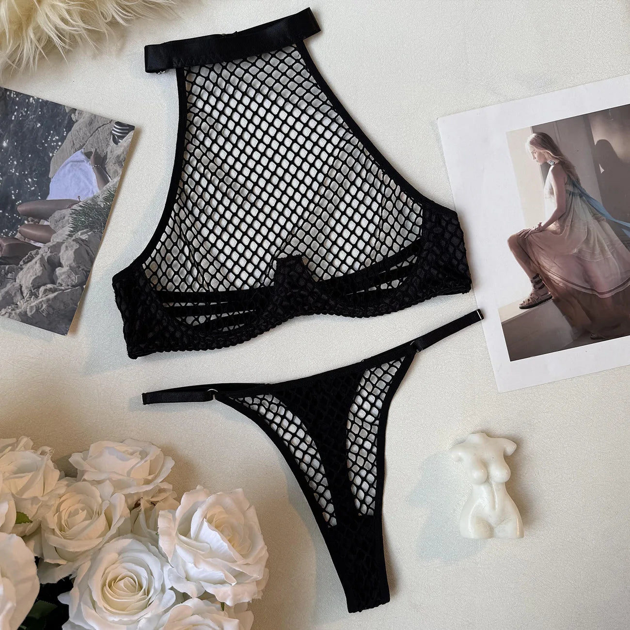 Women's Two Piece Sets Hot Sexy Lingerie Erotic Costumes Tank Tops Thong Hollow Fishnet Party Outfit Backless Underwear Intimate