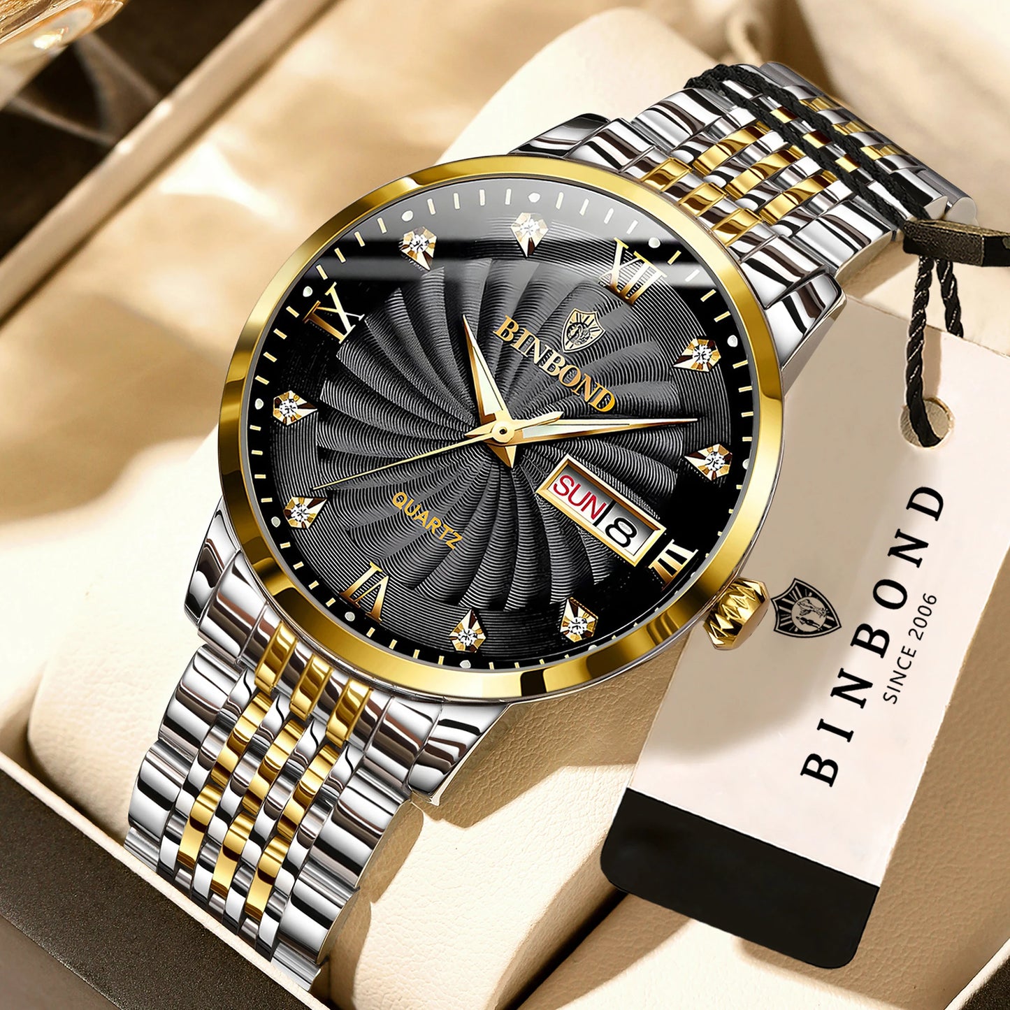 BINBOND Quartz Watches for Men Luxury Luminous Waterproof Precise Auto Date Week Display Men's Watch Casual Sturdy Reloj