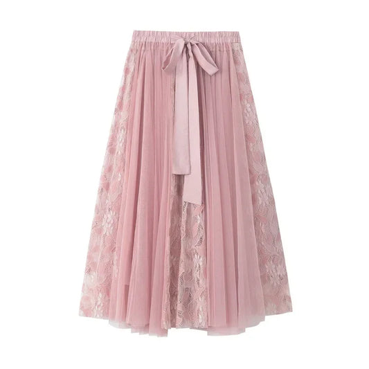 Fashion Versatile Tutu Tulle Skirt Women's Long Skirt Korean Cute Bow High Waist Lace Embroidered Splicing Mesh Half Skirt 8825
