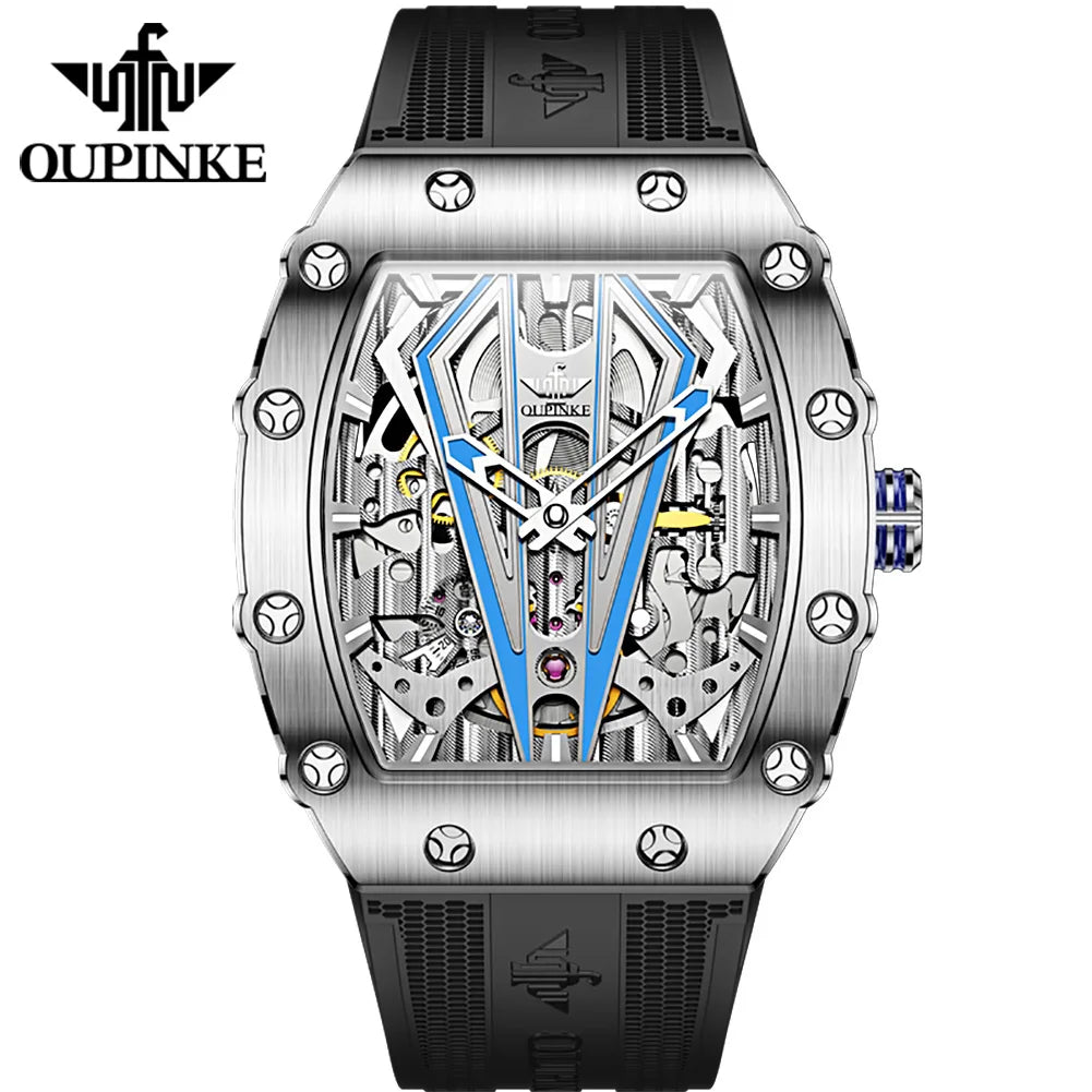 OUPINKE 3179 Automatic Watches for Man Silicone Strap Sapphire Mirror Waterproof Skeleton Tonneau Mechanical Men's Wristwatches
