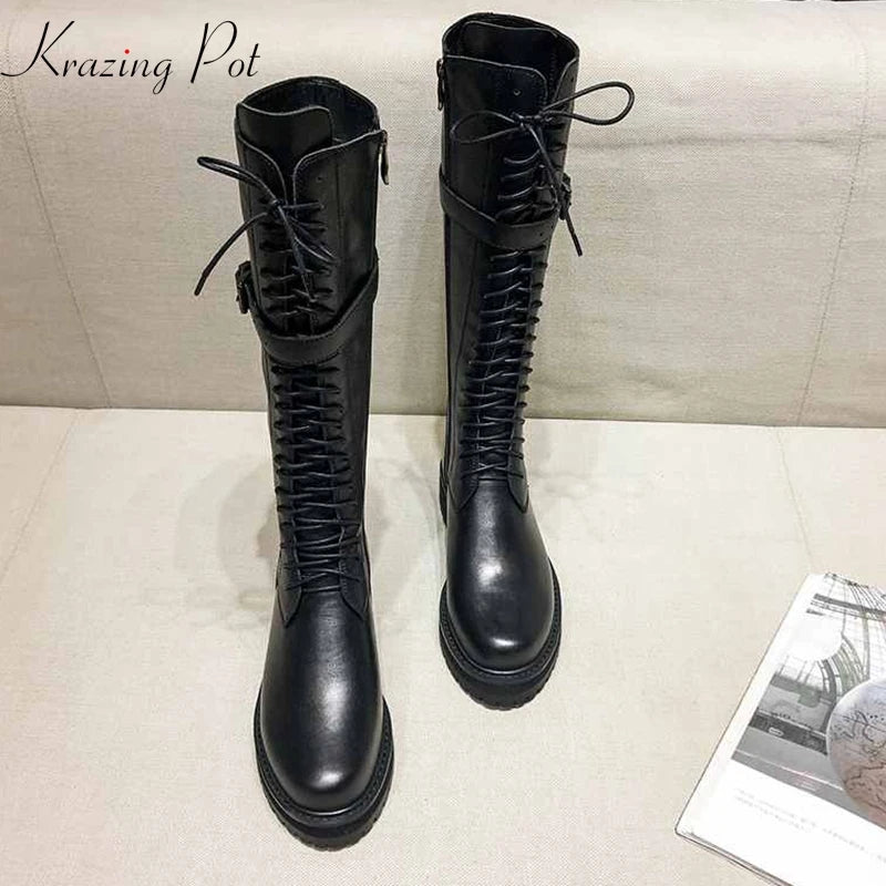 Krazing Pot Big Size Genuine Leather Lace Up Med Heels Round Toe Punk Superstar Riding Boots Buckle Fastener Over-the-knee Boots