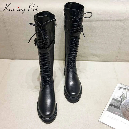 Krazing Pot Big Size Genuine Leather Lace Up Med Heels Round Toe Punk Superstar Riding Boots Buckle Fastener Over-the-knee Boots