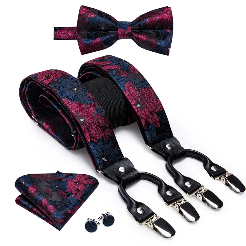 Hi-Tie Silk Adult Men's suspenders Set Leather Metal 6 Clips Braces Gold Brown Floral Vintage Men Fashion Wedding Suspenders Men BAZAARHUBO