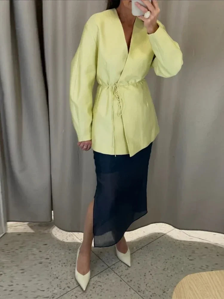 Women Elegant Solid Lace-up Blazer Set Lady Chic V-neck Full Sleeve Loose Coat Wide-leg Pants Suit 2026 Casual Commute Outfit