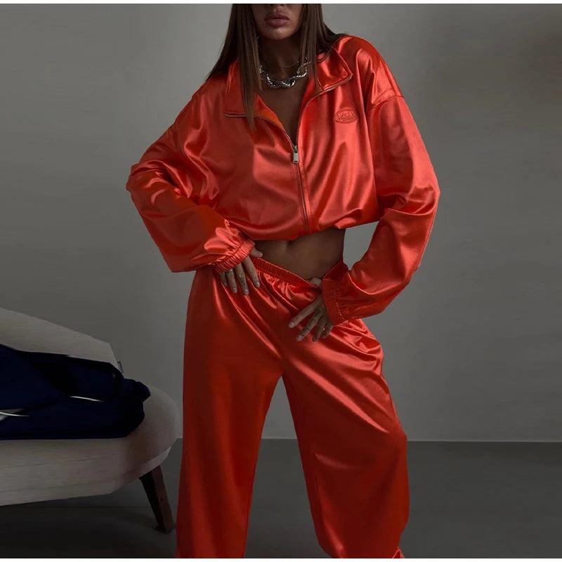 2026 Spring Satin Embroidered Zip-Up Jacket Wide Leg Pants Set Oversized Slouchy Women 2 Pcs Outfit Cool Lady Co-ord Streetwear
