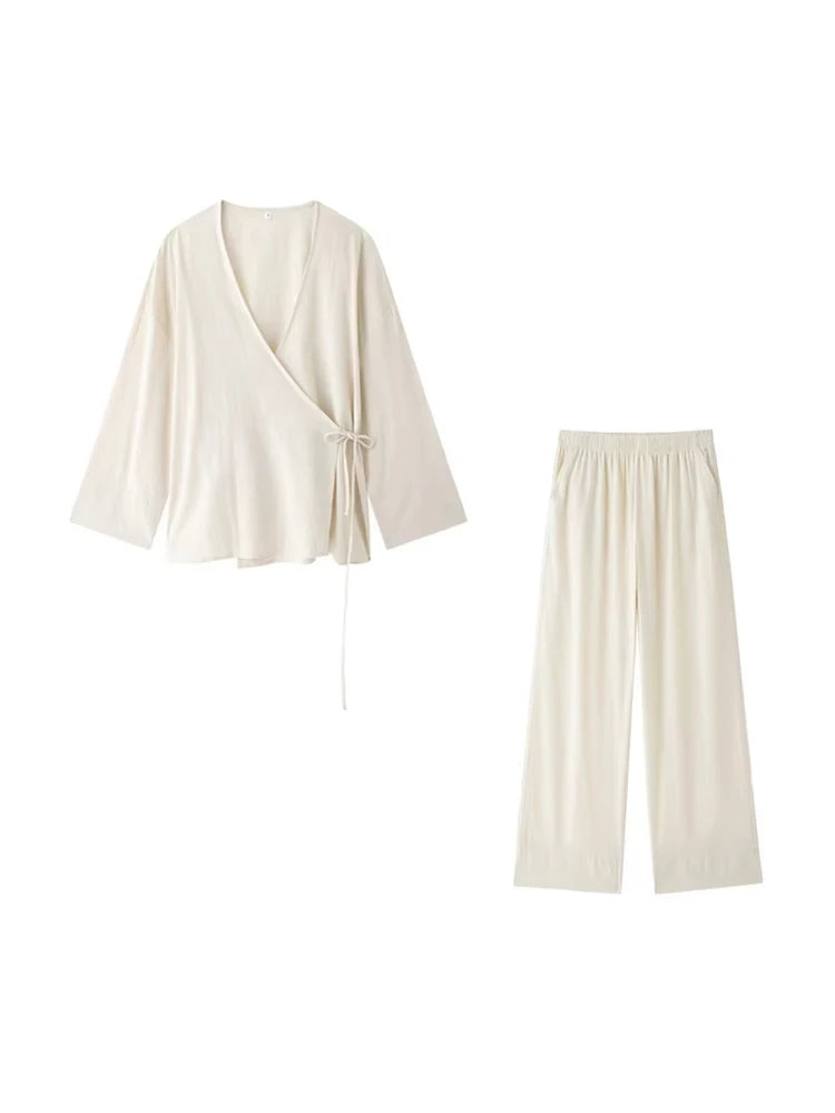 Women Fashion With Tied Loose Kimono Blouses And High Elastic Waist Side Pockets Pants Female Two Piece Sets Mujer BAZAARHUBO