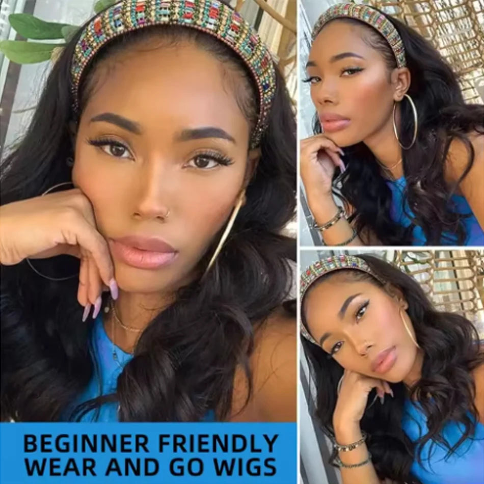 Headband Wig Human Hair Body Wave None Lace Front Wig Human Hair Machine Made Wigs Glueless Wavy Virgin Hair Headband Half Wigs