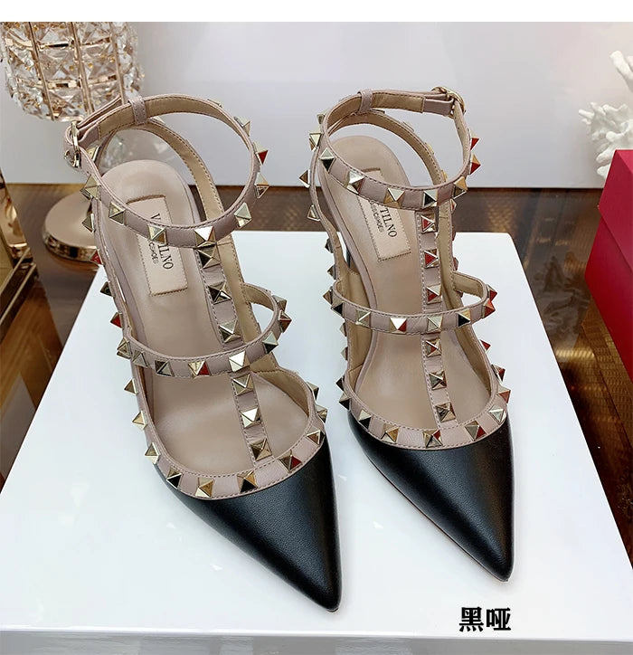 Nude Women's Gladiator sandals Summer 2025 Luxury With Ankle Strap Pointed Toe Fashion Rivet High Heels Party Ladies Shoes Women