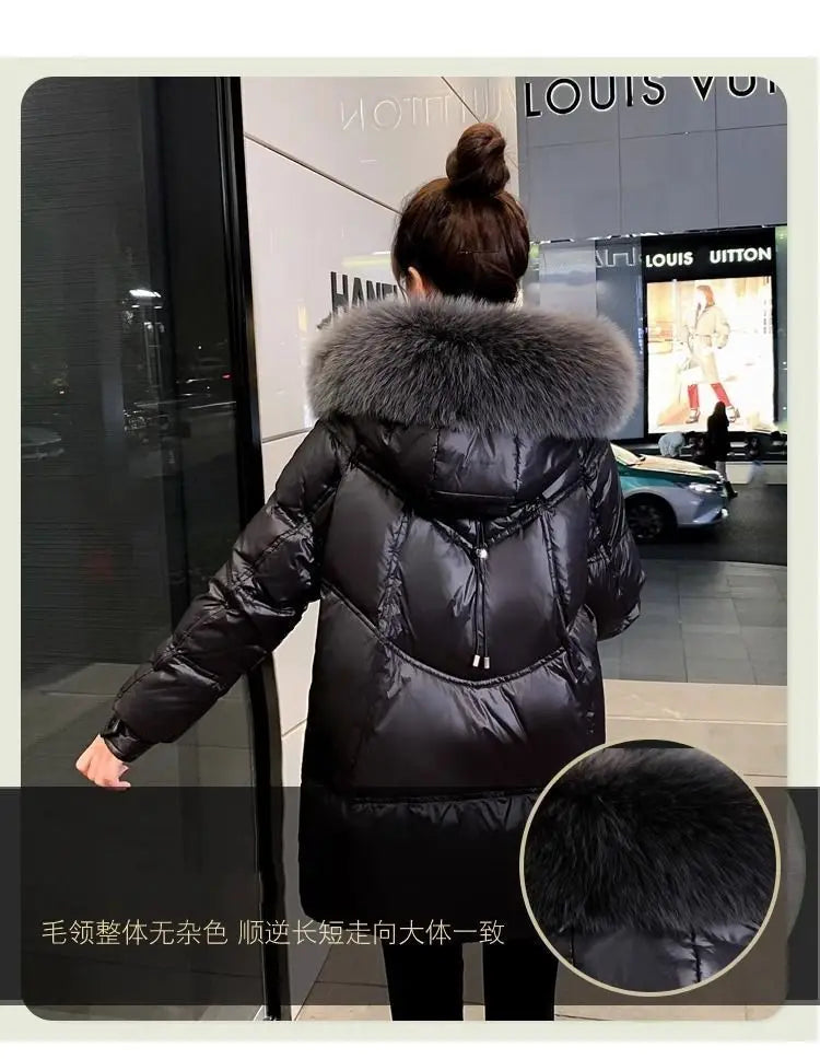 Black Down cotton Jacket Women's 2025 New Korean version Thick fur collar Loose Wash free Winter Coat Female Warm Parka Overcoat