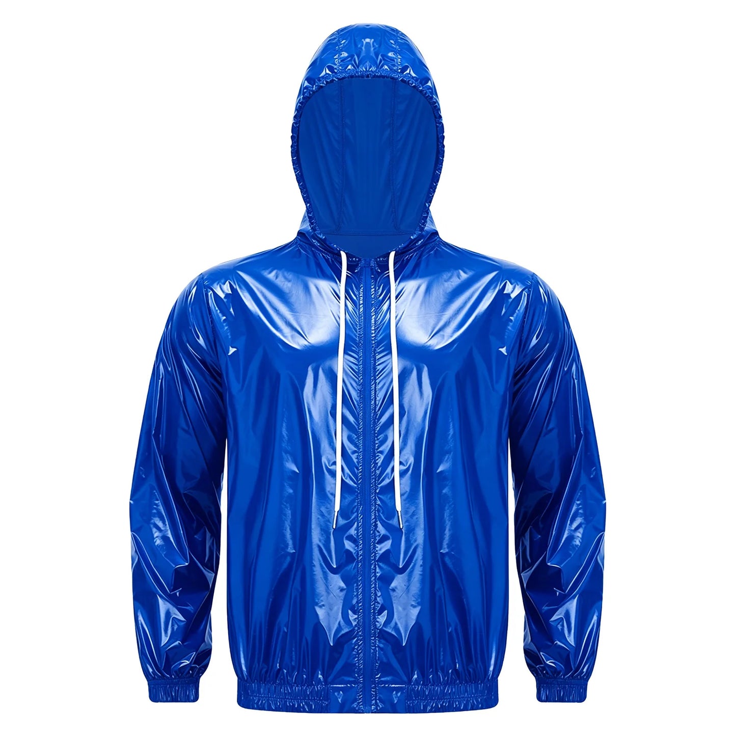 Men Shiny Glossy Hooded Jacket Windbreaker Raincoat for Hiking Fishing Biking Long Sleeve Front Zip-up Drawstring Hood Outerwear