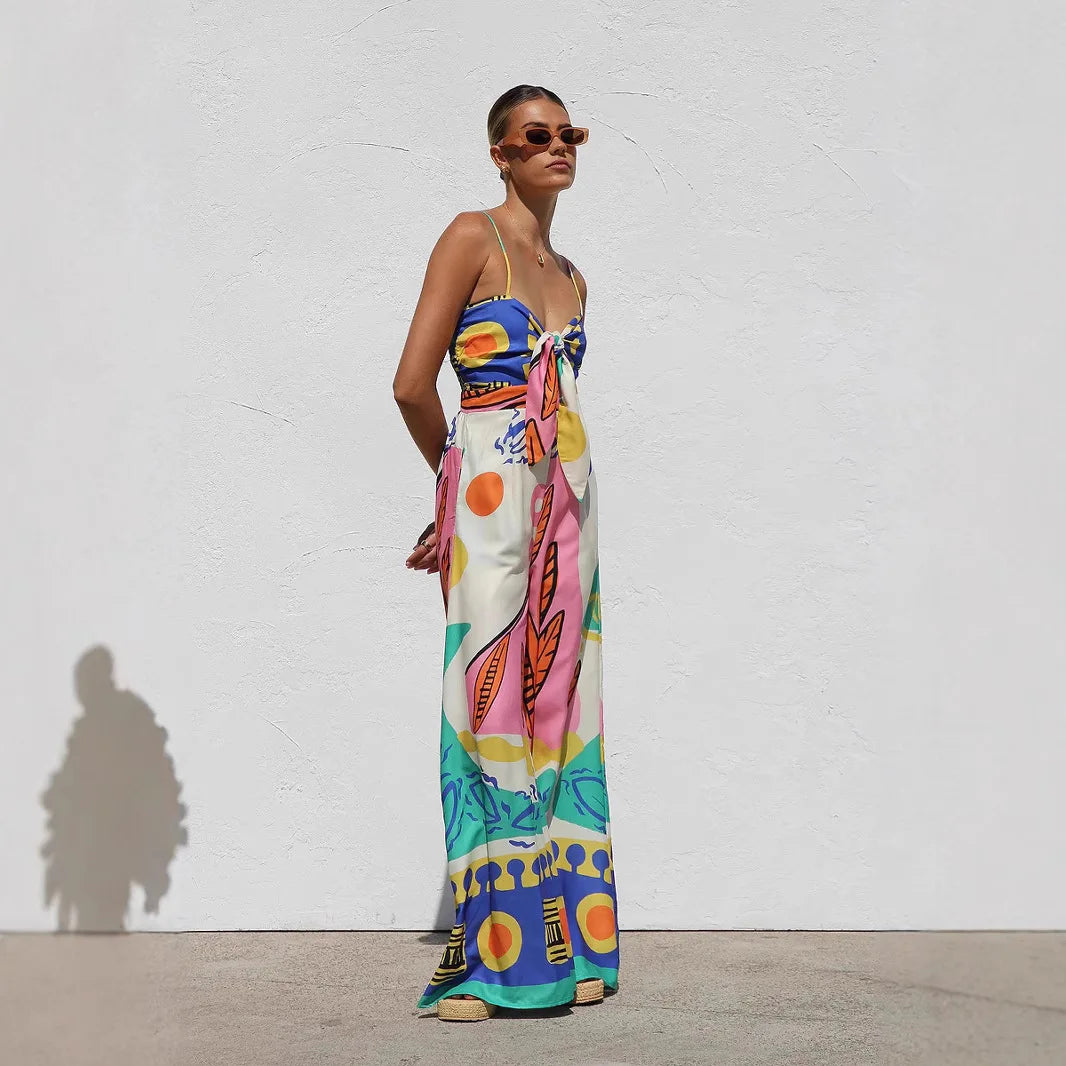 Beach Style Camisole Jumpsuit Waist Hugging Camisole Skirt Bow Tie Wide Leg Pants Vacation Jumpsuit Women's Rompers Dresses