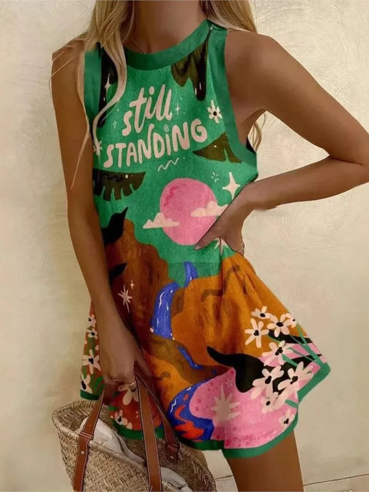 Printed Sleeveless Shirt Dress For Women Round Neck Spring Summer Loose Fit