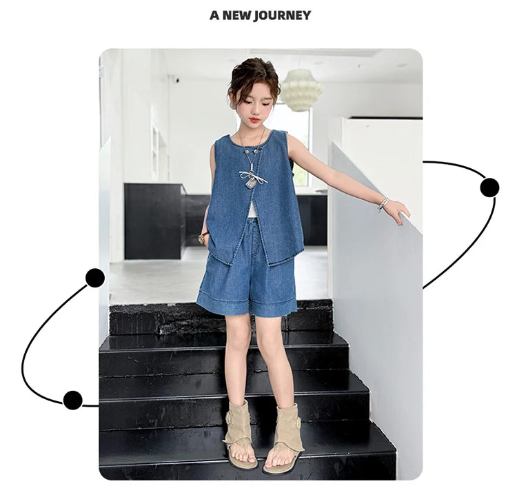 High Fashion Children Summer Denim Suit for Girls Casual Vest + Shorts 2 Piece Clothing Set Kids Trendy Street Outfit Age 5-14 Y