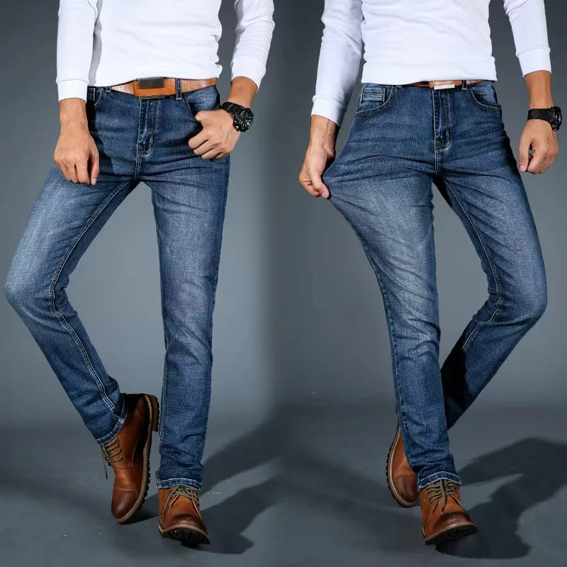 New Men Light Luxury Stretch Slim Fit Pants Comfortable Soft Business Fashion Straight Casual Denim Trousers Male Brand Clothing